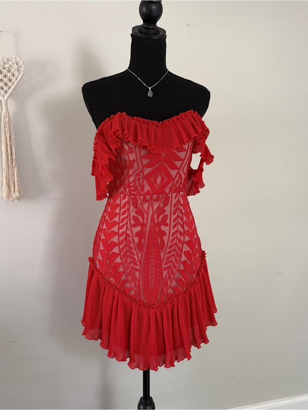 Red Off-Shoulder Ruffled Lace Mini Dress
